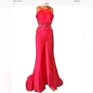 Morgan & Co Dress Sz 7/8 Fluorescent Orange Fuchsia High Neck Open Back